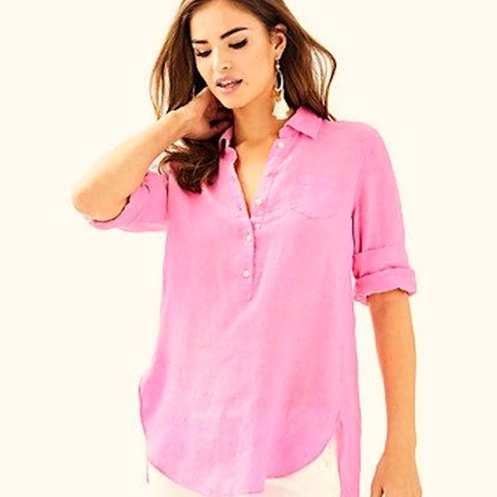 EUC Lilly Pulitzer Deanna Linen Tunic Style Top Blouse Shirt Sunset Pink Size 4